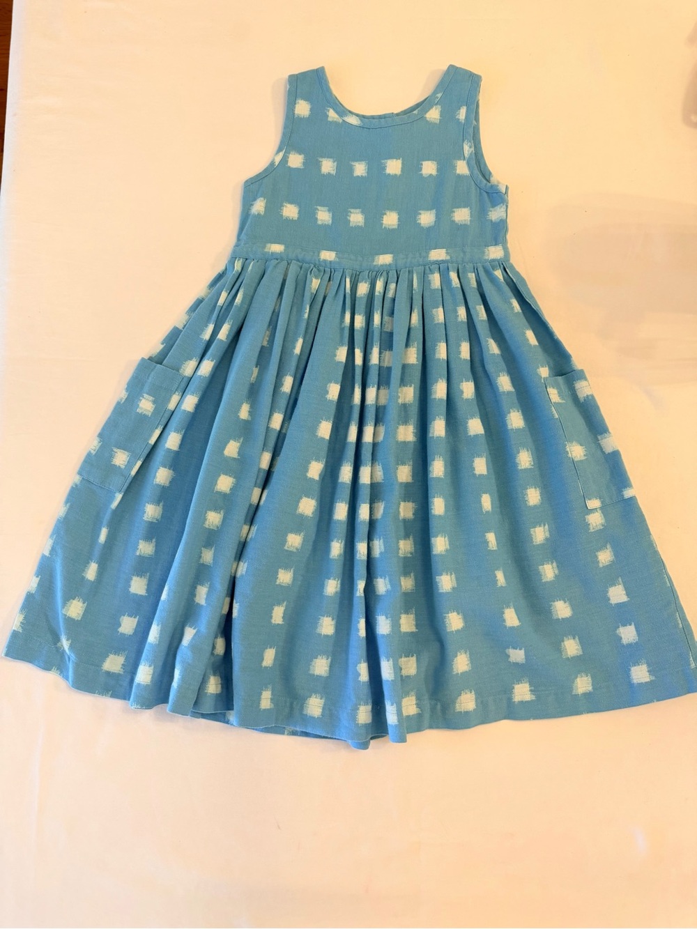 Lali Light Blue Sleeveless Girls' Dress with White Ikat Square Print & Pockets